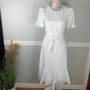 NEW White DKNY Short Godet Sleeve Round Neck Tie Waist Midi Dress